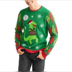 Ugly xmas sweater, Dino , T-Rex dancing with holo disco ball, embroidered M